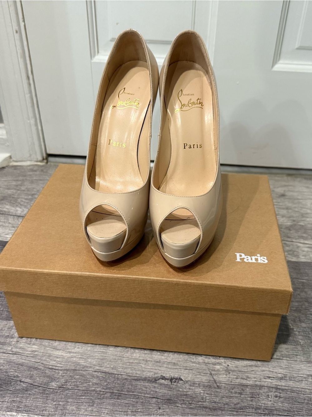 Christian Louboutin Nude Patent Peep-Toe Platform Pumps